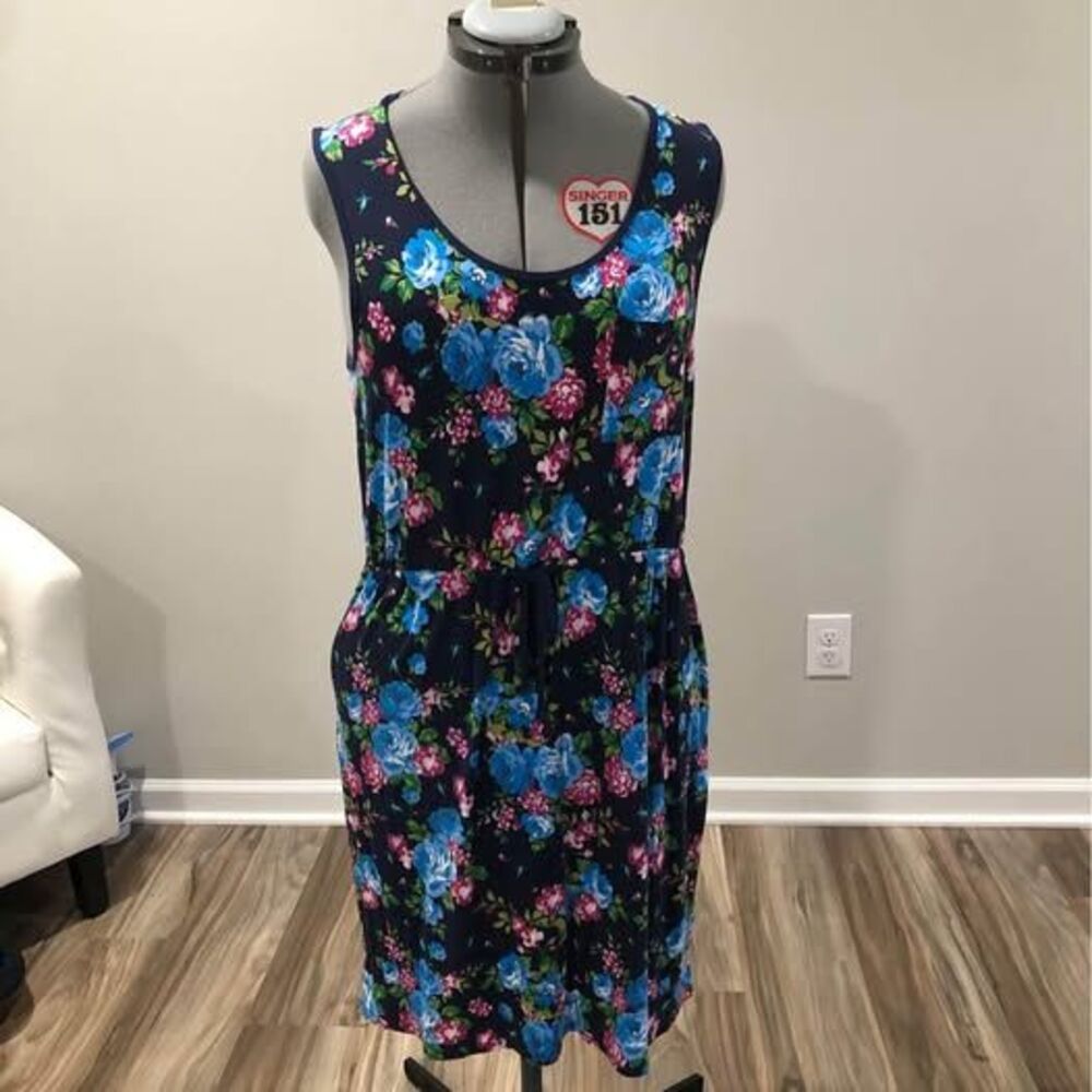 Dress XL Serra Sleeveless Blue Floral Print With Pockets C5459 - Picture 1 of 6